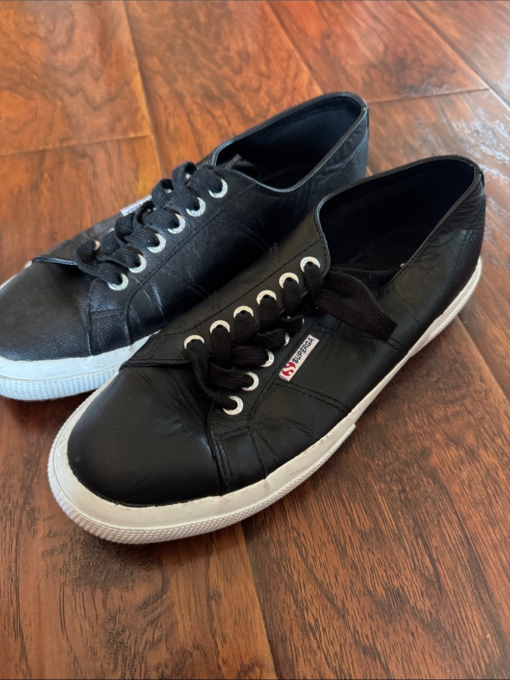 Superga Black Leather Low-Top Sneakers with White Sole